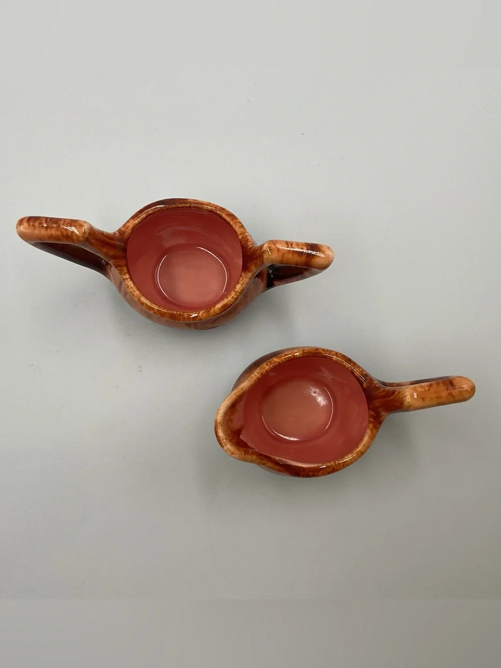Retro Vintage Brown Drip Glaze Cream & Sugar Set Cat Eyes MCM Signed Pottery